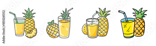 Refreshing pineapple juice illustrations: a collection of hand-drawn tropical drinks with whole fruit