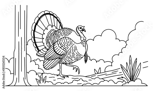 Wild turkey bird strutting with fanned tail in nature line art