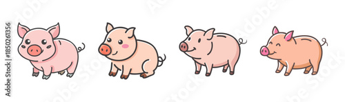 Adorable collection of four cheerful cartoon piglets with happy expressions on a white background