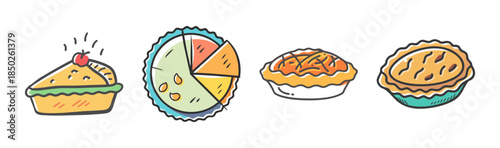 A delightful collection of hand-drawn pie illustrations showcasing various delicious dessert forms