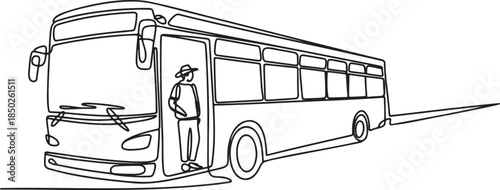 Continuous line drawing of a public city bus with passenger boarding