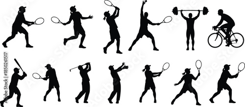 Diverse Sports Silhouettes Collection Featuring Tennis Players Golfers Cyclists Weightlifters and Baseball Athletes in Action Poses for Fitness and Athletic Design