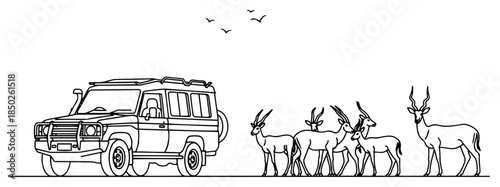 Safari jeep and antelope herd in african savanna line art vector