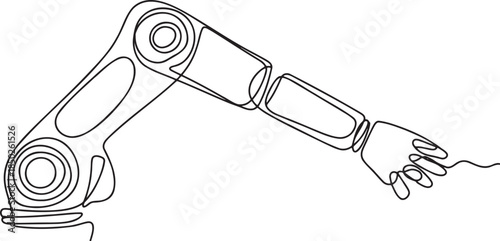 Continuous line drawing of a robotic arm in a dynamic pose, symbolizing automation and technology