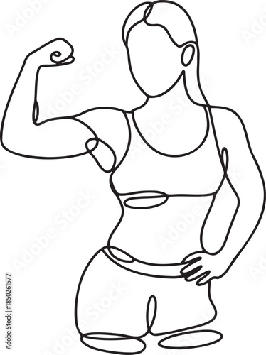 Continuous line drawing of a strong woman flexing her bicep, showcasing her arm muscles and fit physique