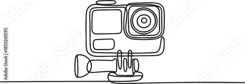 Continuous line drawing of an action camera mounted on a stand, ready to capture adventures