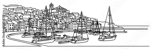 Mediterranean coastal town with harbor and sailboats vector illustration