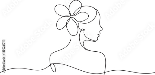 Continuous line drawing of beautiful woman head with flower hair bun minimalist design style