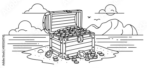 Open wooden treasure chest overflowing with gold coins on island beach