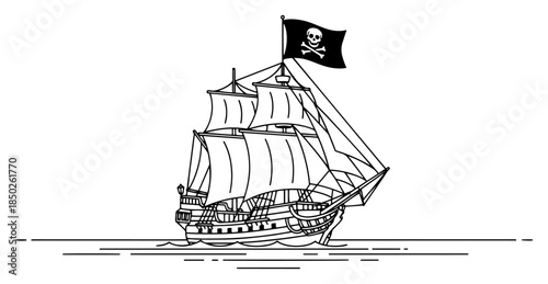 Old pirate sailing ship with skull flag floating on ocean waves