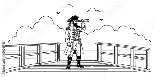 Pirate captain with spyglass telescope standing on wooden dock pier