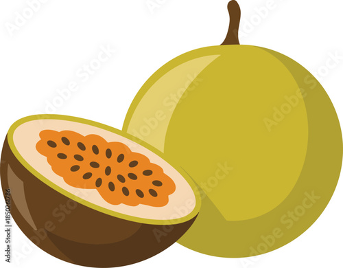 Yellow round fruit whole and cut showing orange pulp and seeds on transparent background
