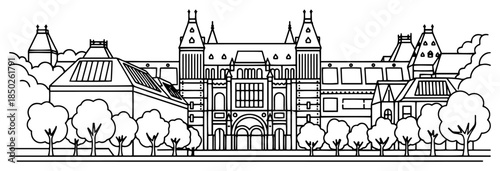 Rijksmuseum in Amsterdam historic building facade with trees