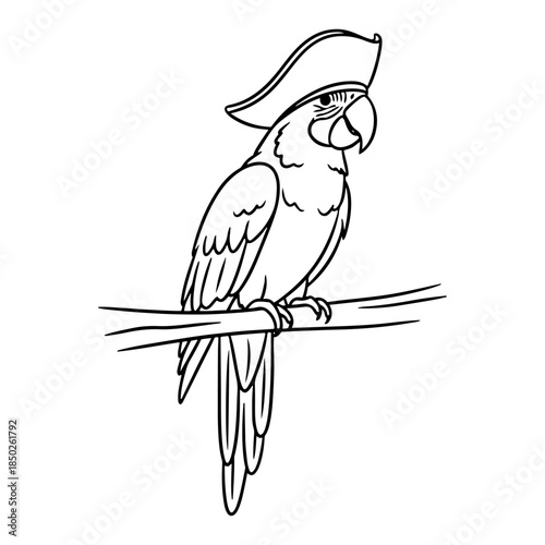 Funny pirate parrot wearing a captain hat sitting on a branch