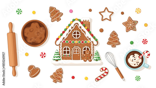 Festive gingerbread house surrounded by assorted gingerbread cookies, baking tools like a rolling pin and whisk, and a mug of hot chocolate.