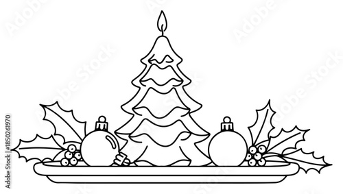 Christmas tree shaped candle with ornaments and holly on tray line art