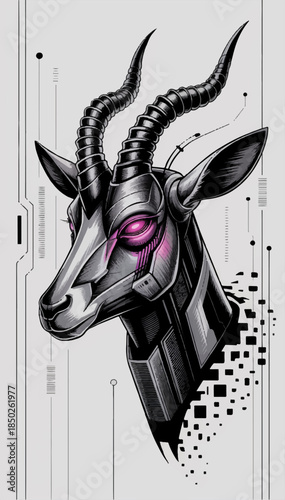 Fantastic illustration of a cybernetic robotic antelope head. Suitable for innovative robotics projects, logos, merch game illustrations, and covers. Vector. EPS_02.