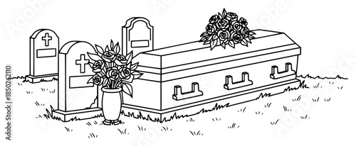 Cemetery landscape with wooden coffin and gravestones