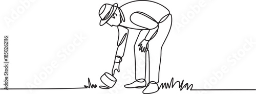 Continuous line drawing of man planting flower on ground using a small shovel