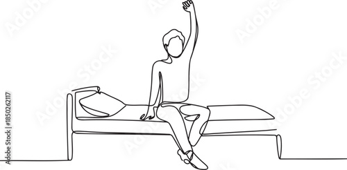Continuous line drawing of man waking up from bed and stretching