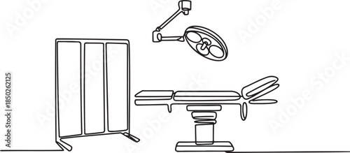 Continuous line drawing of medical operating room with surgery table and lamp screen