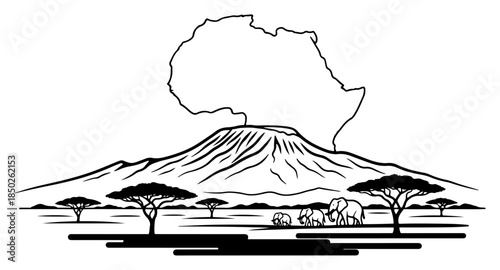 Africa continent map silhouette over Mount Kilimanjaro and elephant herd line art