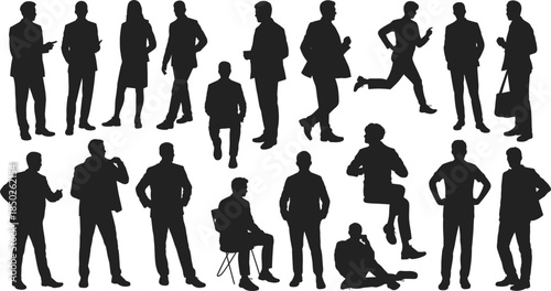 Collection of Black Silhouettes of Men and Women in Various Poses Keywords: silhouette, people, man, woman, standing, sitting