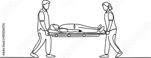 Continuous line drawing of medical team carrying patient on stretcher
