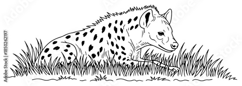 Wild spotted hyena resting in grass field outline drawing