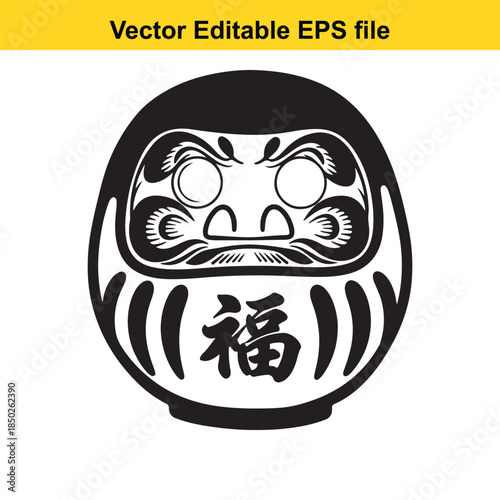  vector editable  file of a traditional japanese daruma doll face with black and white color scheme and kanji character