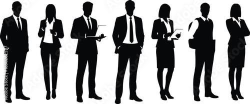 Diverse Professional Business People Silhouettes Set Featuring Corporate Men and Women Holding Laptops and Tablets Isolated on White Background