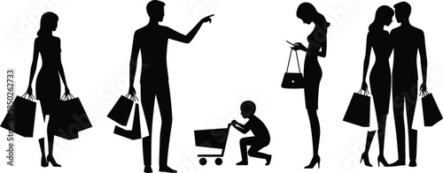 Black Silhouettes of People Shopping with Bags, a Child with a Cart, and Couples Browsing in a Modern Retail Mall Environment
