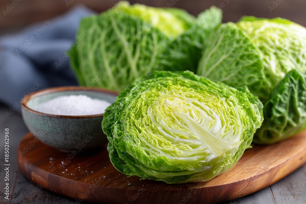 Obraz premium Rustic Kitchen Prep Scene with Halved Green Cabbage and Ceramic Bowl of Salt in Natural Light