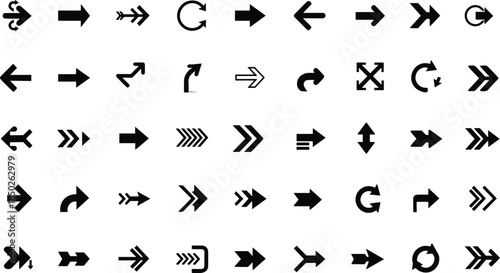 Large Set of Black Vector Arrow Icons with Various Directional Shapes for Wayfinding Navigation User Interface and Graphic Design Elements
