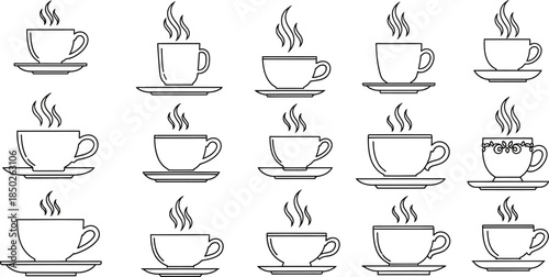 set of simple coffee cups with steam on white background