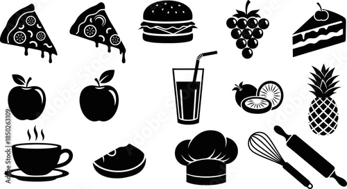 Food and drink icons on white background