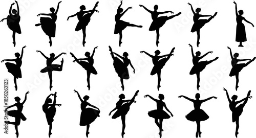 Collection of various ballet dancer poses in silhouette on white background