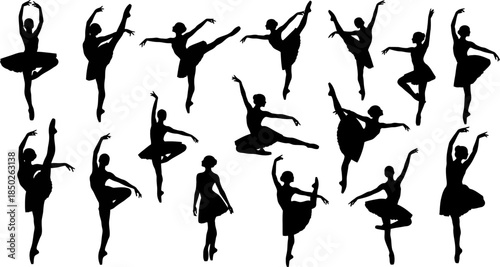 Multiple silhouettes of ballet dancers in various poses on white background