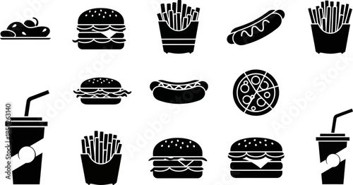 Black silhouettes of various fast food items on white background