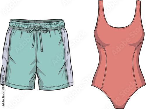 Coral Swimsuit and Teal Athletic Shorts with White Accents on White Background swimwear bathing suit