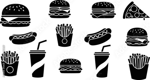 black silhouettes of various fast food items on white background