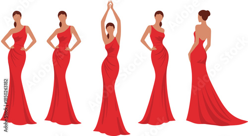 Elegant Vector Silhouettes of Fashion Models Wearing Long Red Evening Gowns in Various Glamorous Poses Isolated on White Background for Design