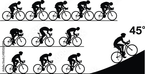 Cyclist Silhouettes Showing Different Poses and Inclines Keywords: cycling, cyclist, bicycle, sport, silhouette, motion, speed