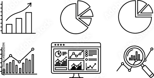 line icons of business charts and graphs on white background