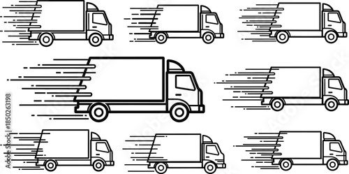 black and white illustration of multiple delivery trucks in motion on white background