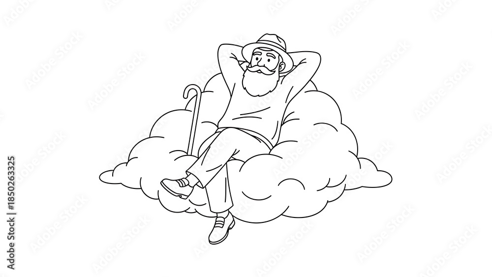 Obraz premium Elderly man with a long beard and hat relaxing peacefully on a fluffy cloud with a walking stick