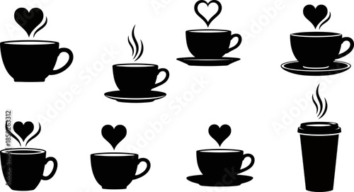 set of coffee cup silhouettes with steam and hearts on white