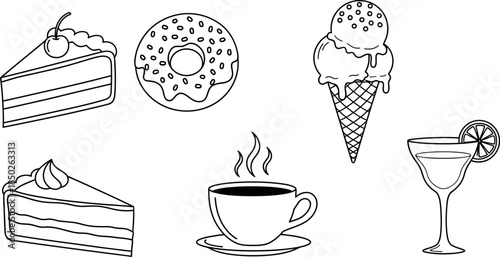 black and white line drawing of food and drink items