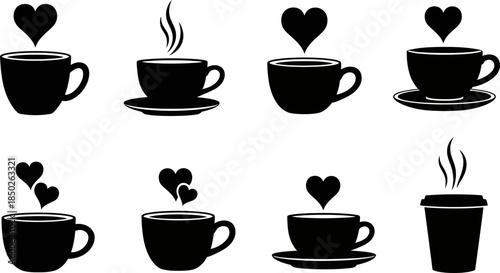 Black silhouettes of coffee cups with hearts on white background