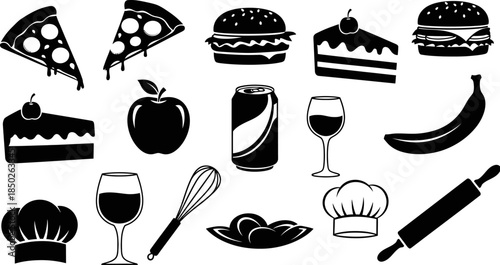 black and white food and drink icons on white background